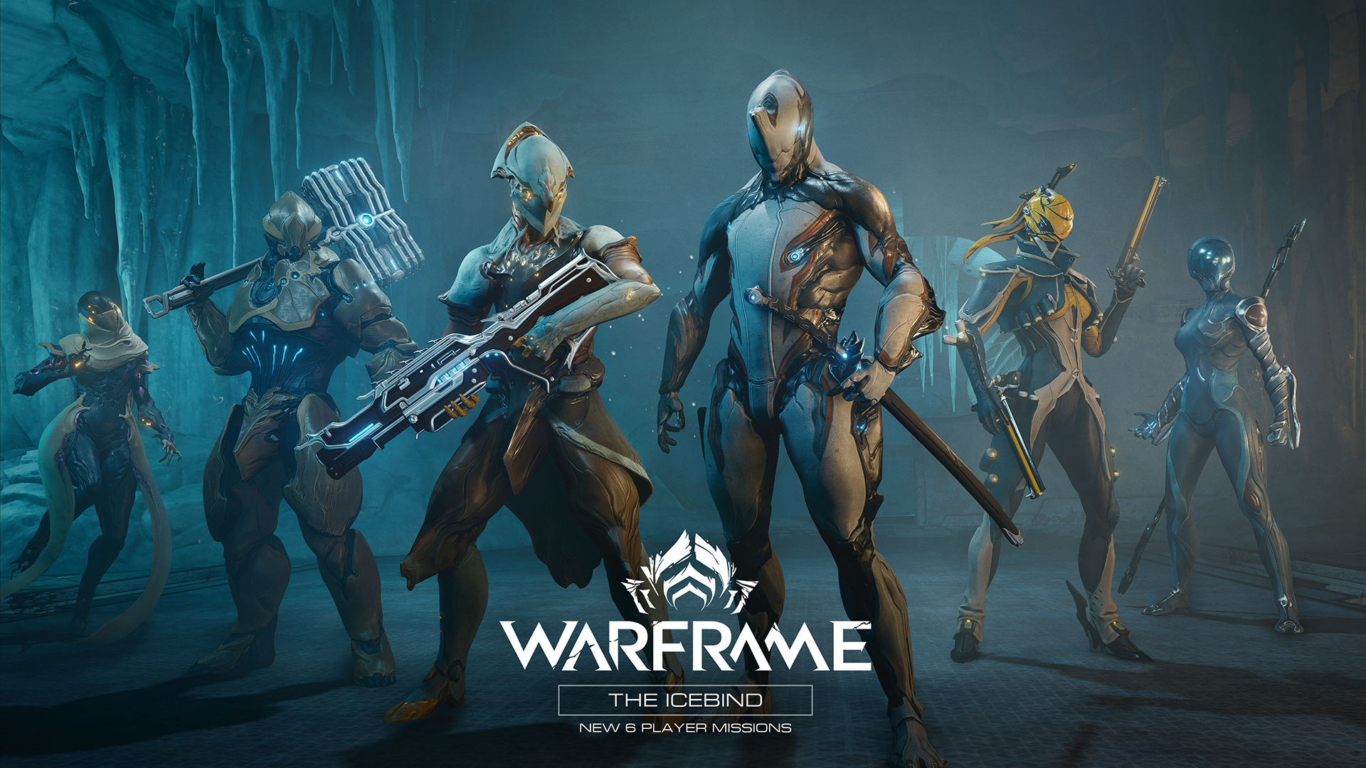 Six Warframes assembled in the frozen Icebind environment